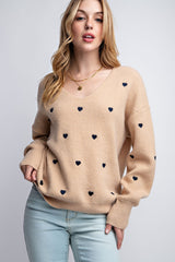 Taupe Heart Pattern Boxy Knit Pullover Sweater