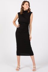 Black Ribbed Ruched Midi Dress