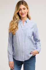 Blue Striped Basic Button Down Maternity Top