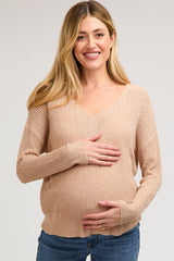 Beige Knit V-Neck Maternity Long Sleeve Top