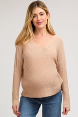 Beige Knit V-Neck Maternity Long Sleeve Top