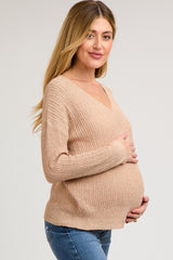 Beige Knit V-Neck Maternity Long Sleeve Top