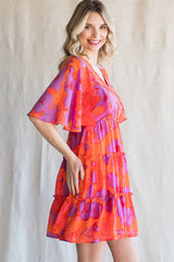 Orange Red Print Chiffon Short Bell Sleeves Dress