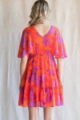 Orange Red Print Chiffon Short Bell Sleeves Dress