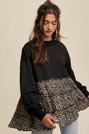 Black Crew Neck Sweat Top With Tiered Floral Contrast