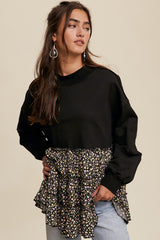 Black Crew Neck Sweat Top With Tiered Floral Contrast