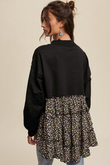 Black Crew Neck Sweat Top With Tiered Floral Contrast