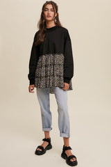 Black Crew Neck Sweat Top With Tiered Floral Contrast