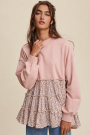 Blush Crew Neck Sweat Top With Tiered Floral Contrast