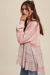 Blush Crew Neck Sweat Top With Tiered Floral Contrast