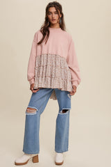 Blush Crew Neck Sweat Top With Tiered Floral Contrast