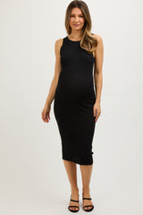 Black Sleeveless Ribbed Maternity Midi Dress