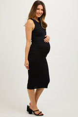 Black Sleeveless Ribbed Maternity Midi Dress