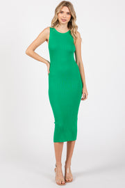 Green Sleeveless Ribbed Midi Dress