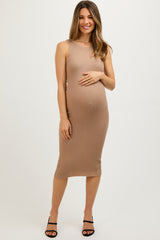 Beige Sleeveless Ribbed Maternity Midi Dress