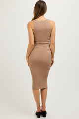 Beige Sleeveless Ribbed Maternity Midi Dress