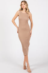 Beige Sleeveless Ribbed Maternity Midi Dress