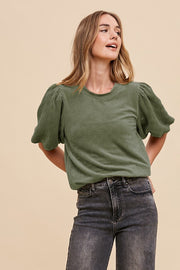 Olive Texture Velvet Bubble Sleeve Top