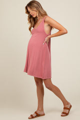 Mauve Ribbed Sleeveless Front Seam Maternity Dress