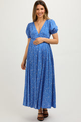 Blue Floral Button Down Front Slit Maternity Maxi Dress