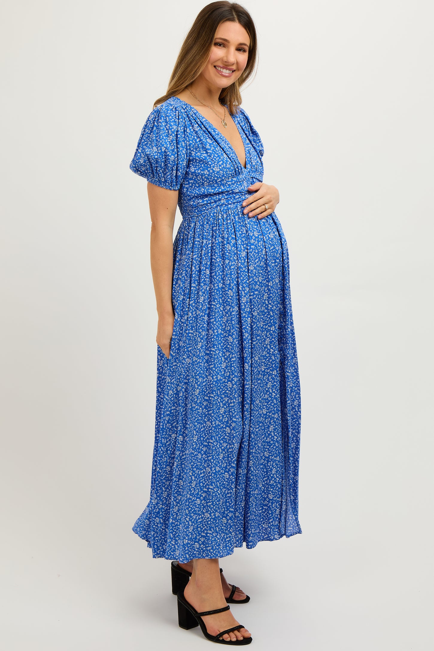 Light Blue Floral Flounce Maternity Maxi Dress– PinkBlush