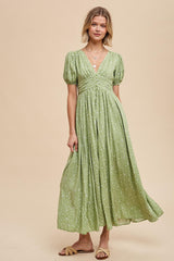 Sage Floral Button Down Front Slit Maxi Dress