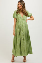 Sage Floral Button Down Front Slit Maternity Maxi Dress