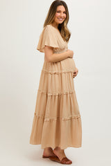 Beige Crochet Lace Tiered Maternity Maxi Dress