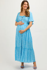 Blue Floral Button Front Maternity Midi Dress