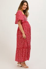 Red Floral Button Front Maternity Midi Dress