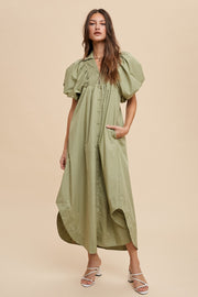 Sage Smock Detail Puff Sleeve Midi Dress