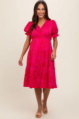 Fuchsia Print Ruffle Trim Tiered Maternity Dress