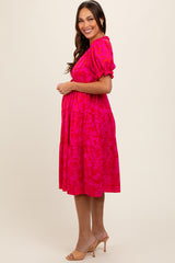 Fuchsia Print Ruffle Trim Tiered Maternity Dress