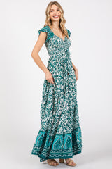 Green Floral Off Shoulder Smocked Maxi Dress