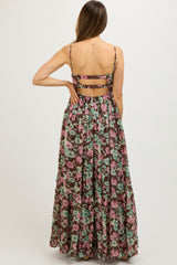 Brown Floral Sleeveless Tiered Maternity Maxi Dress