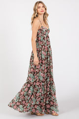 Brown Floral Sleeveless Tiered Maxi Dress