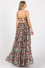 Brown Floral Sleeveless Tiered Maxi Dress