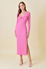 Pink Textured Long Sleeve Twist Maxi Dress