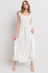 White Contrast Gauze Eyelet Lace Detail Maxi Dress