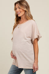 Beige Drawstring Dolman Sleeve Maternity Top