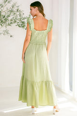 Green Contrast Gauze Eyelet Lace Detail Maxi Dress