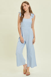 Powder Blue Wide Leg Linen Jumpsuit With Ruffled Straps