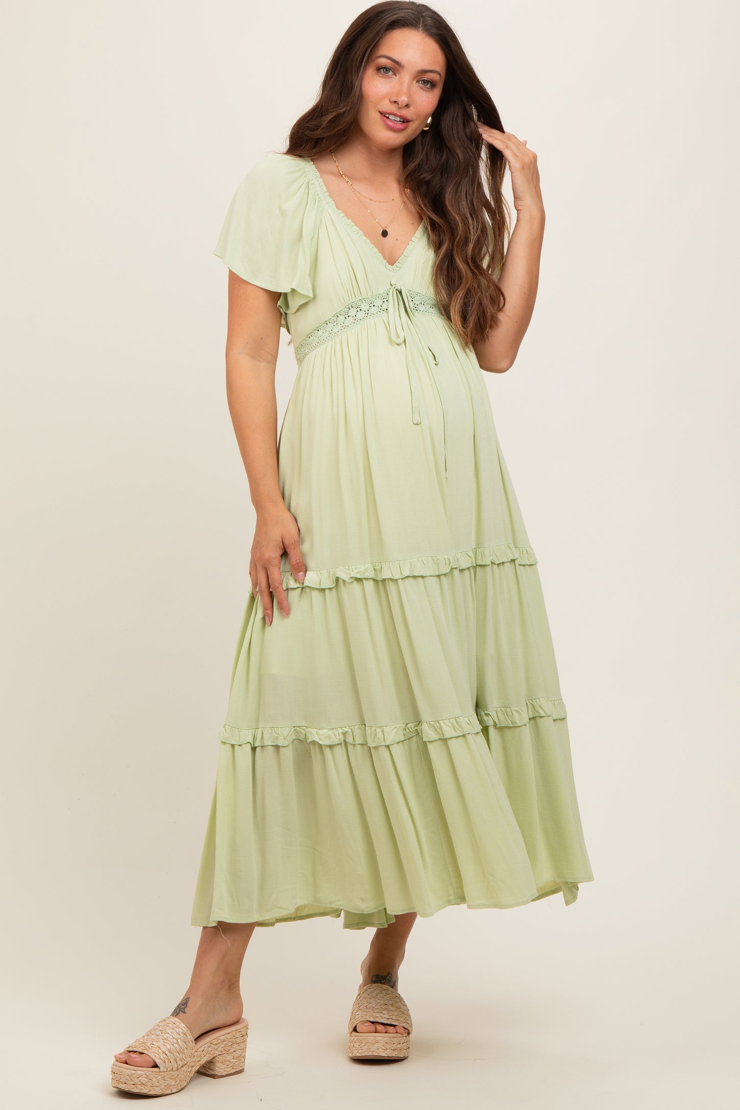 Green Floral Ruffle Off Shoulder Maternity Maxi Dress– PinkBlush