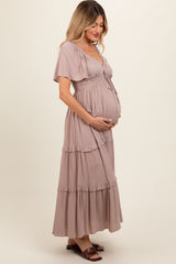 Mocha Crochet Lace Tiered Ruffle Maternity Maxi Dress