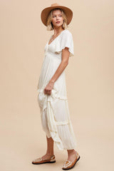 Cream Crochet Lace Tiered Ruffle Maxi Dress