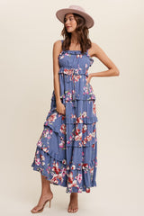 Blue Floral Sleeveless Tiered Maxi Dress