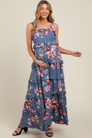 Blue Floral Sleeveless Tiered Maternity Maxi Dress