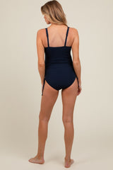 Navy Ribbed Side Tie Maternity One Piece Swimsuit