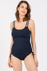 Navy Ribbed Side Tie Maternity One Piece Swimsuit