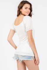 Ivory Short Puff Sleeve V-Neck Top